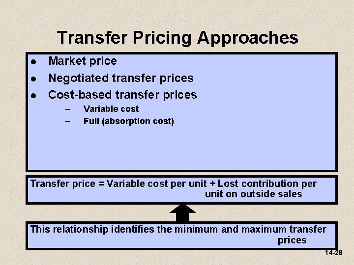 Transfer Pricing Approaches l l l Market price Negotiated transfer prices Cost-based transfer prices