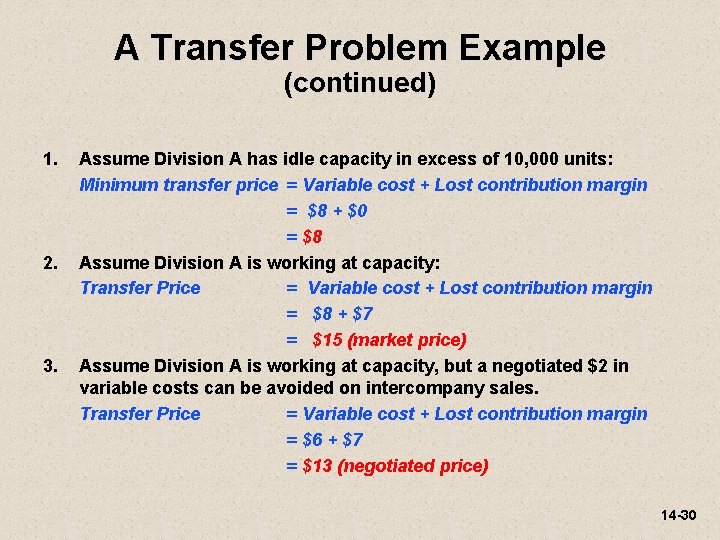 A Transfer Problem Example (continued) 1. 2. 3. Assume Division A has idle capacity