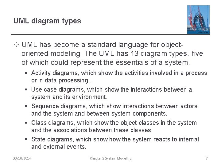 UML diagram types ² UML has become a standard language for objectoriented modeling. The