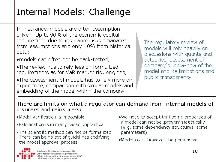 Internal Models: Challenge In insurance, models are often assumption driven: Up to 90% of