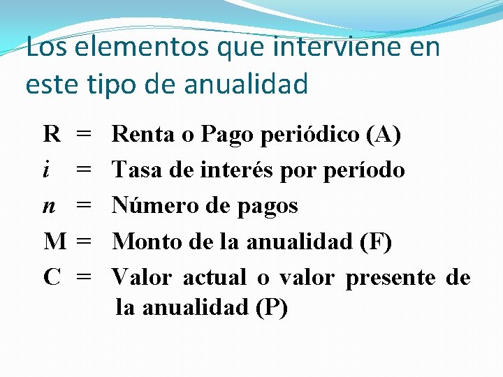 Los elementos que interviene en este tipo de anualidad R i n M C Los elementos que interviene en este tipo de anualidad R i n M C
