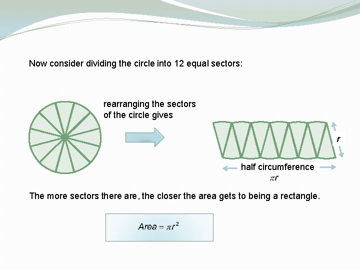 Now consider dividing the circle into 12 equal sectors: rearranging the sectors of the