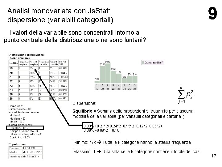 Analisi monovariata con Js. Stat: dispersione (variabili categoriali) I valori della variabile sono concentrati Analisi monovariata con Js. Stat: dispersione (variabili categoriali) I valori della variabile sono concentrati