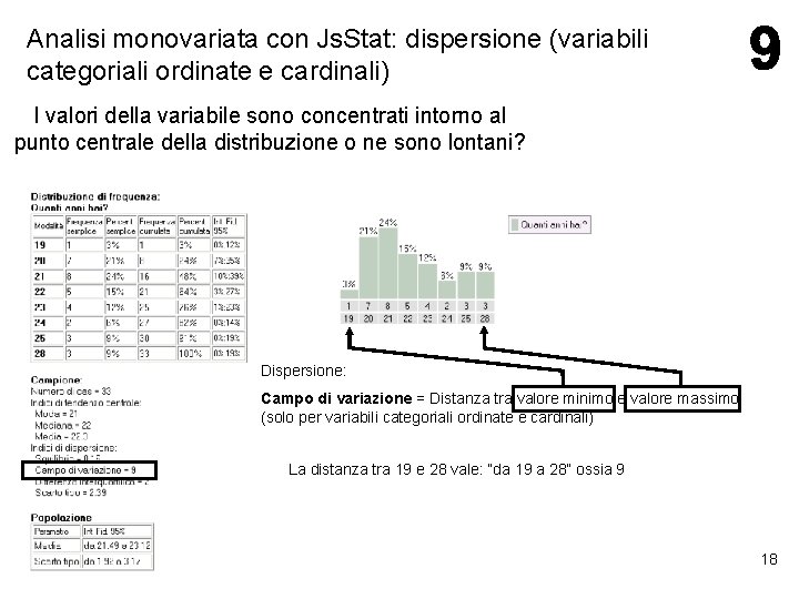 Analisi monovariata con Js. Stat: dispersione (variabili categoriali ordinate e cardinali) I valori della Analisi monovariata con Js. Stat: dispersione (variabili categoriali ordinate e cardinali) I valori della