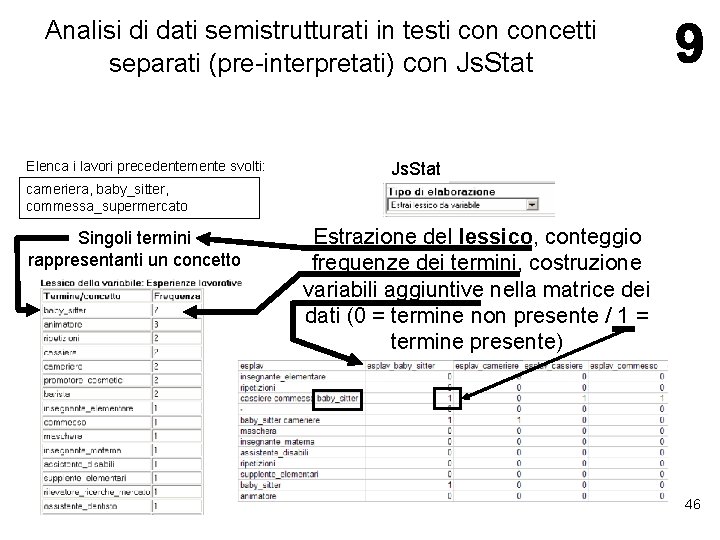 Analisi di dati semistrutturati in testi concetti separati (pre-interpretati) con Js. Stat Elenca i Analisi di dati semistrutturati in testi concetti separati (pre-interpretati) con Js. Stat Elenca i