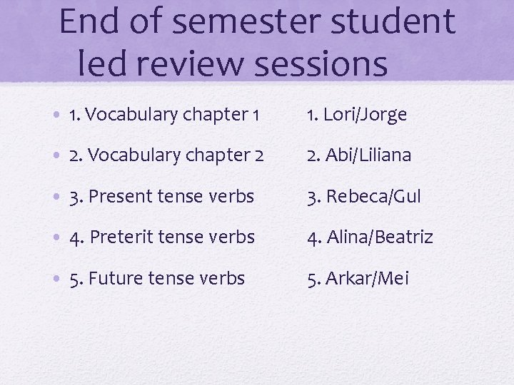 End of semester student led review sessions • 1. Vocabulary chapter 1 1. Lori/Jorge
