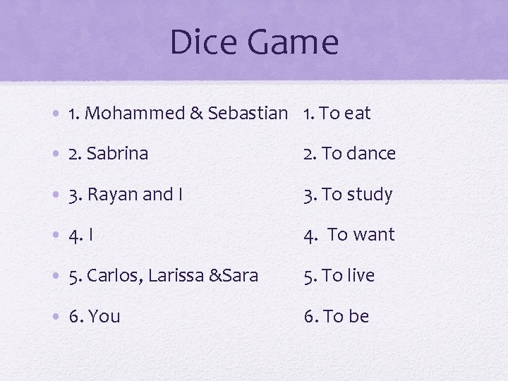 Dice Game • 1. Mohammed & Sebastian 1. To eat • 2. Sabrina 2.