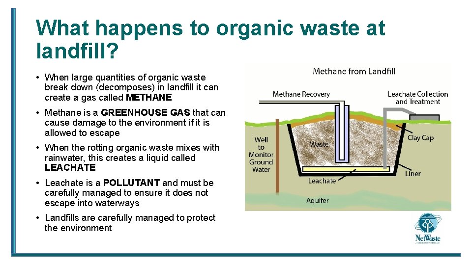 What happens to organic waste at landfill? • When large quantities of organic waste