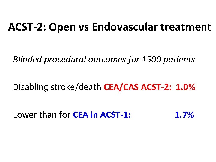 ACST-2: Open vs Endovascular treatment Blinded procedural outcomes for 1500 patients Disabling stroke/death CEA/CAS