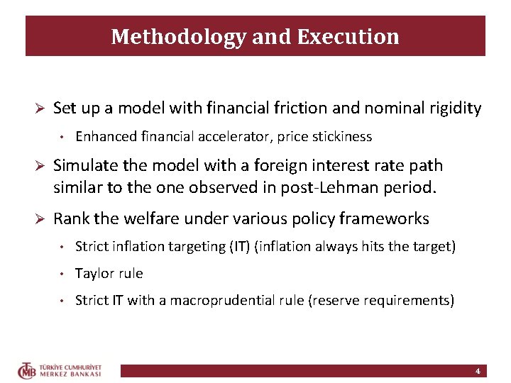Methodology and Execution Ø Set up a model with financial friction and nominal rigidity