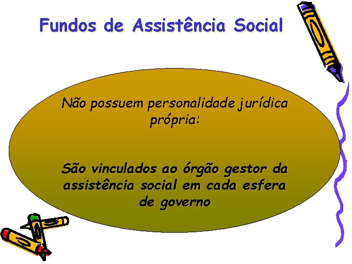 Fundos de Assistência Social Não possuem personalidade jurídica própria: São vinculados ao órgão gestor