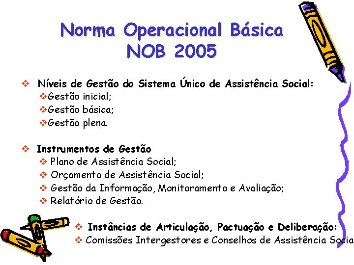 Norma Operacional Básica NOB 2005 Níveis de Gestão do Sistema Único de Assistência Social: