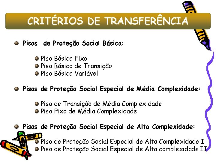 CRITÉRIOS DE TRANSFERÊNCIA Pisos de Proteção Social Básica: Piso Básico Fixo Piso Básico de