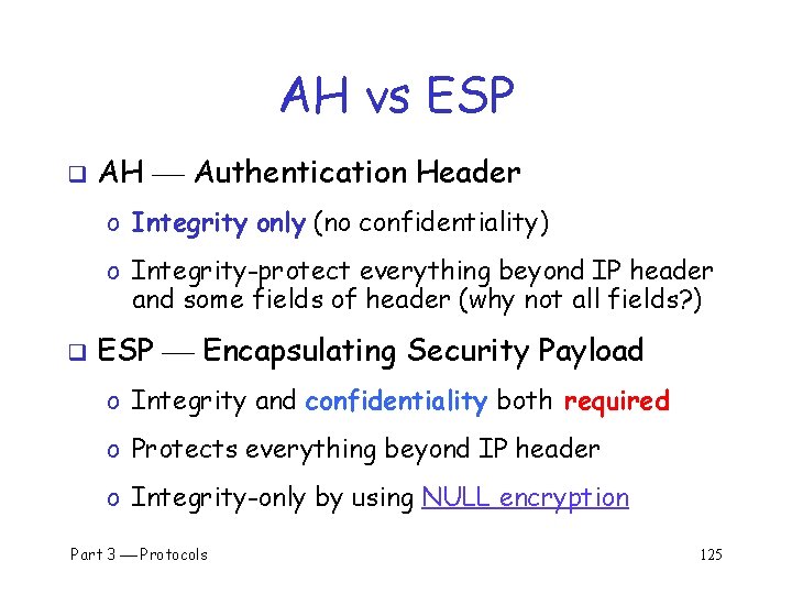 AH vs ESP q AH Authentication Header o Integrity only (no confidentiality) o Integrity-protect