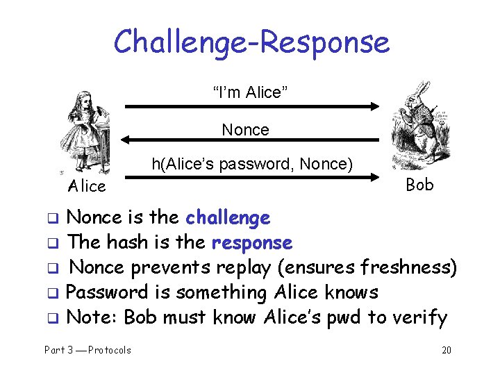 Challenge-Response “I’m Alice” Nonce h(Alice’s password, Nonce) Alice Bob Nonce is the challenge q