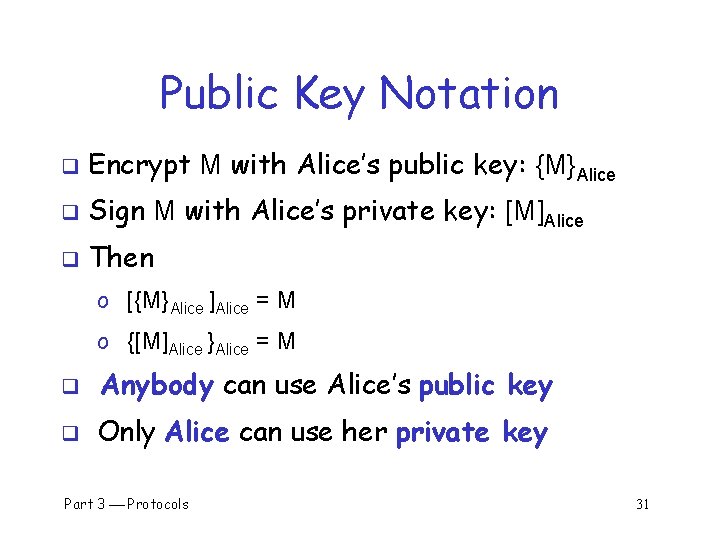 Public Key Notation q Encrypt M with Alice’s public key: {M}Alice q Sign M