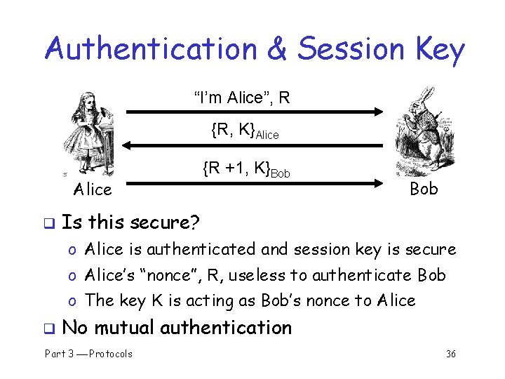 Authentication & Session Key “I’m Alice”, R {R, K}Alice q {R +1, K}Bob Is