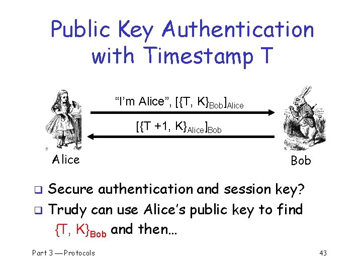 Public Key Authentication with Timestamp T “I’m Alice”, [{T, K}Bob]Alice [{T +1, K}Alice]Bob Alice