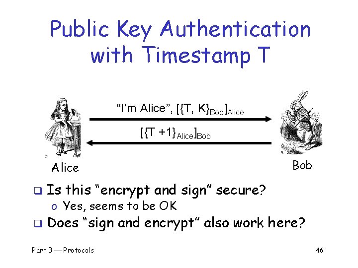 Public Key Authentication with Timestamp T “I’m Alice”, [{T, K}Bob]Alice [{T +1}Alice]Bob Alice q