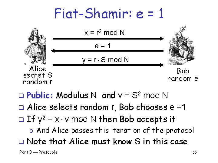Fiat-Shamir: e = 1 x = r 2 mod N e=1 Alice secret S