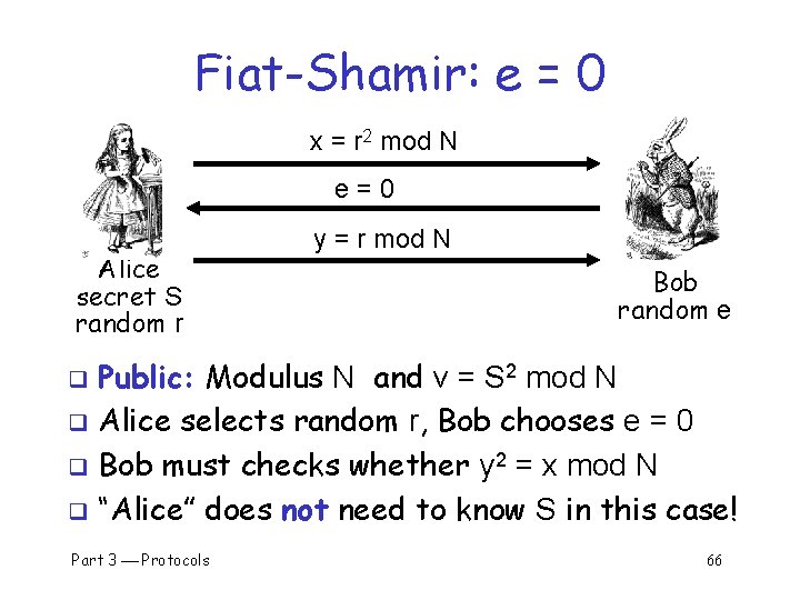 Fiat-Shamir: e = 0 x = r 2 mod N e=0 Alice secret S
