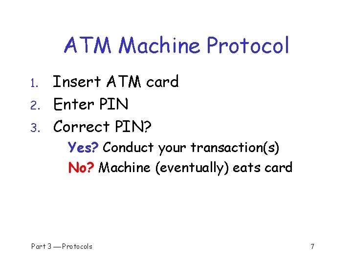 ATM Machine Protocol 1. 2. 3. Insert ATM card Enter PIN Correct PIN? Yes?