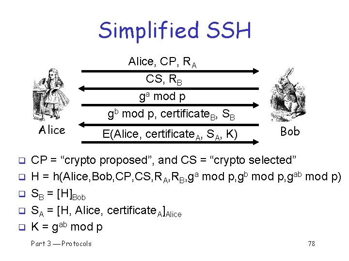 Simplified SSH Alice, CP, RA Alice q q q CS, RB ga mod p
