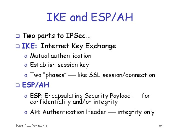 IKE and ESP/AH Two parts to IPSec… q IKE: Internet Key Exchange q o