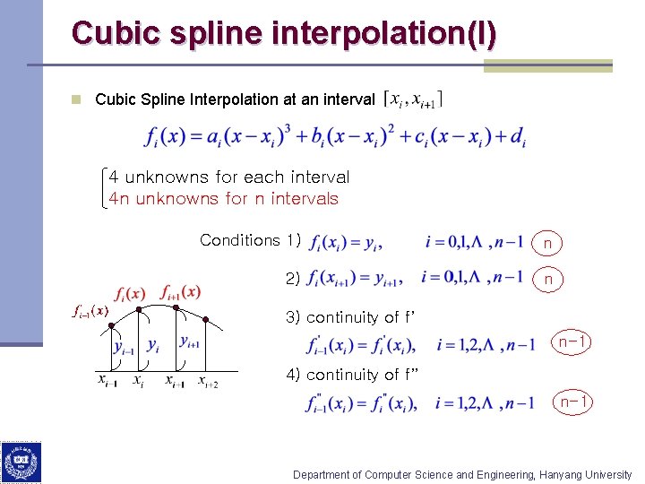 Cubic spline interpolation(I) n Cubic Spline Interpolation at an interval 4 unknowns for each