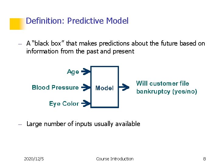 Definition: Predictive Model — — A “black box” that makes predictions about the future Definition: Predictive Model — — A “black box” that makes predictions about the future