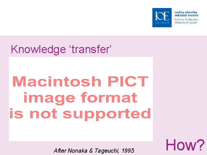 Knowledge ‘transfer’ After Nonaka & Tageuchi, 1995 How? 