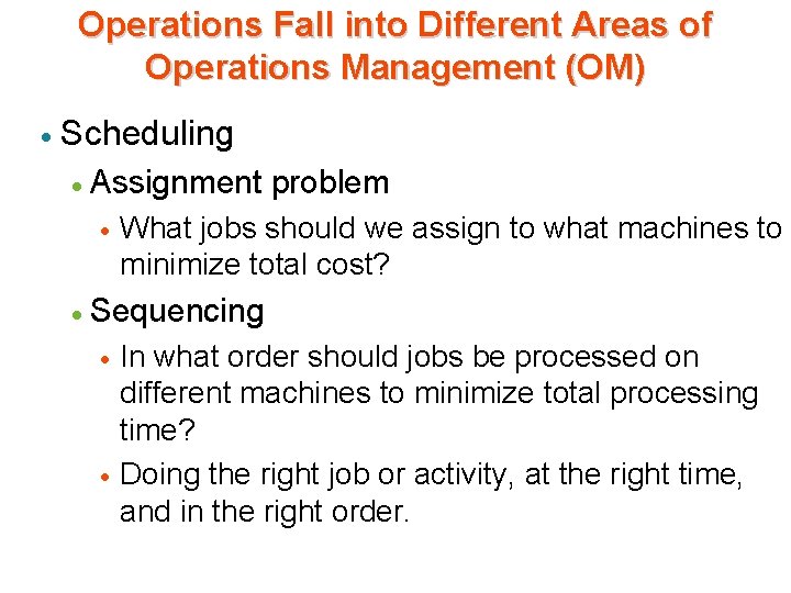 Operations Fall into Different Areas of Operations Management (OM) · Scheduling · Assignment problem Operations Fall into Different Areas of Operations Management (OM) · Scheduling · Assignment problem