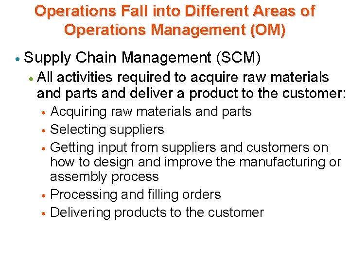 Operations Fall into Different Areas of Operations Management (OM) · Supply Chain Management (SCM) Operations Fall into Different Areas of Operations Management (OM) · Supply Chain Management (SCM)