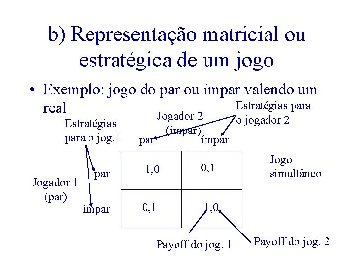 b) Representação matricial ou estratégica de um jogo • Exemplo: jogo do par ou