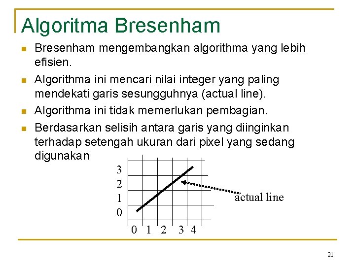 Algoritma Bresenham n n Bresenham mengembangkan algorithma yang lebih efisien. Algorithma ini mencari nilai
