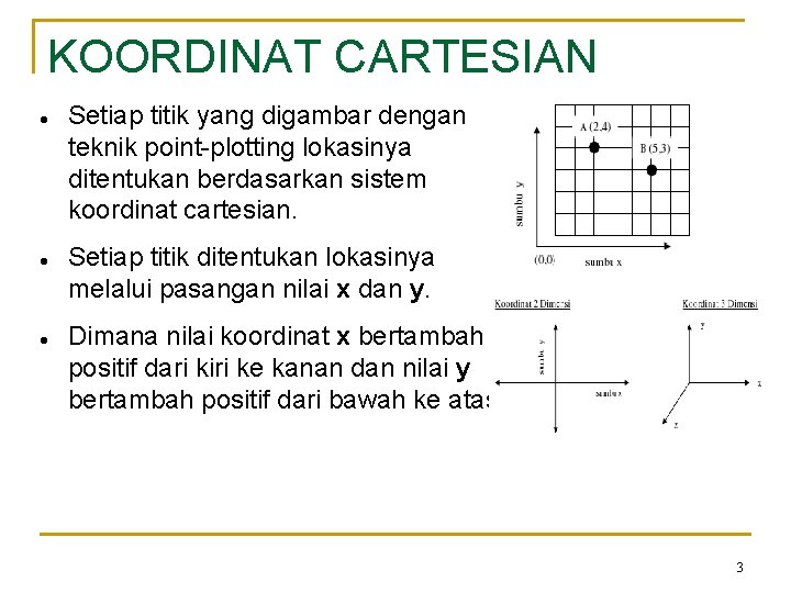 KOORDINAT CARTESIAN Setiap titik yang digambar dengan teknik point-plotting lokasinya ditentukan berdasarkan sistem koordinat