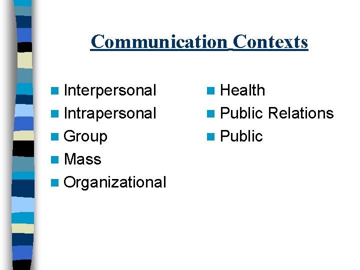 Communication Contexts n Interpersonal n Health n Intrapersonal n Public n Group n Public