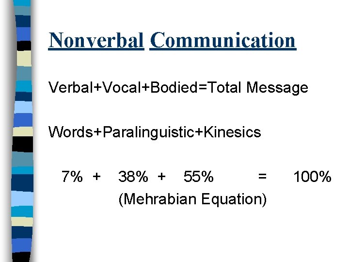 Nonverbal Communication Verbal+Vocal+Bodied=Total Message Words+Paralinguistic+Kinesics 7% + 38% + 55% = (Mehrabian Equation) 100%