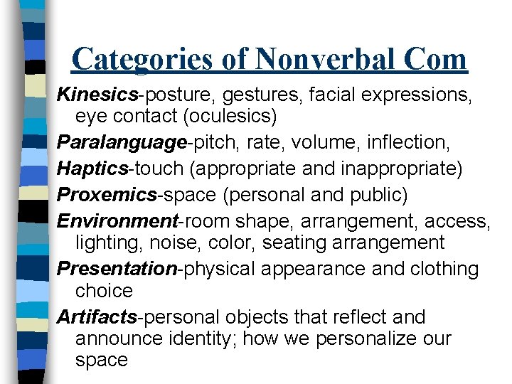 Categories of Nonverbal Com Kinesics-posture, gestures, facial expressions, eye contact (oculesics) Paralanguage-pitch, rate, volume,