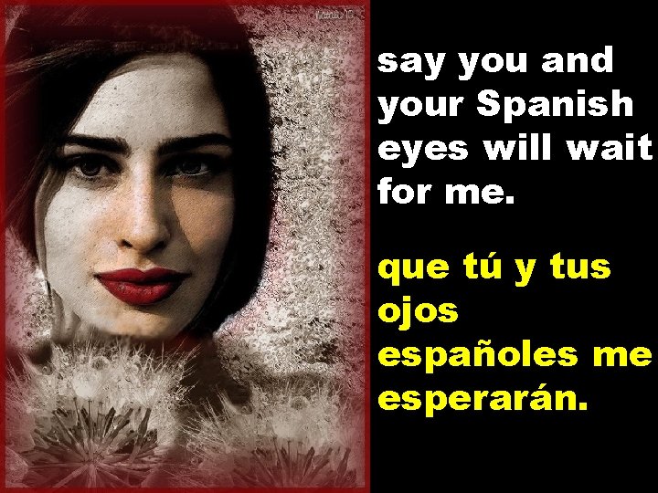 say you and your Spanish eyes will wait for me. que tú y tus