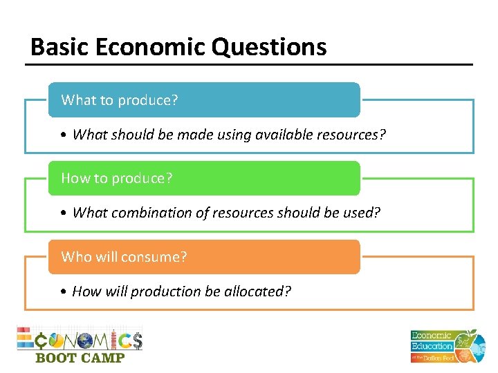Basic Economic Questions What to produce? • What should be made using available resources?