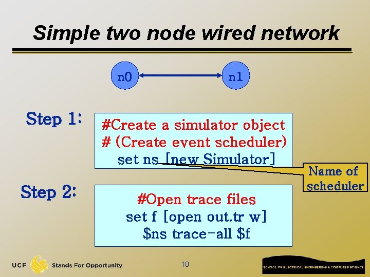 Simple two node wired network n 0 Step 1: Step 2: n 1 #Create