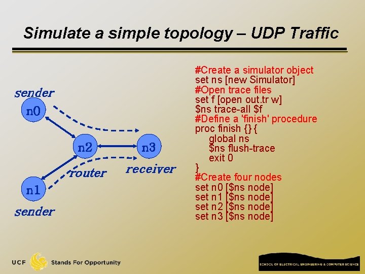 Simulate a simple topology – UDP Traffic sender n 0 n 1 sender n