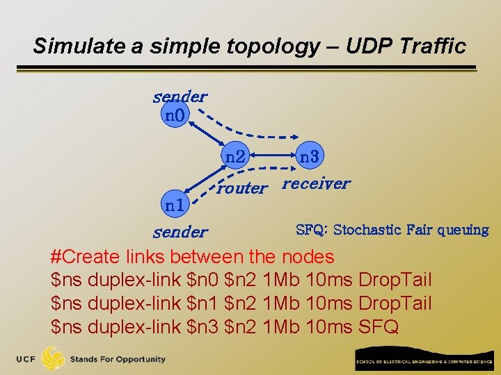 Simulate a simple topology – UDP Traffic sender n 0 n 2 n 3