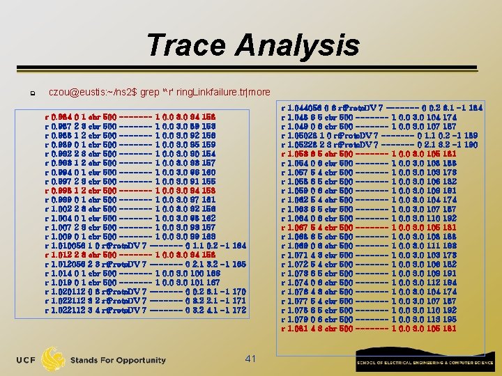Trace Analysis czou@eustis: ~/ns 2$ grep '^r' ring. Linkfailure. tr|more q r r r