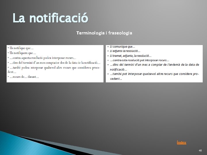 La notificació Terminologia i fraseologia Índex 41 La notificació Terminologia i fraseologia Índex 41