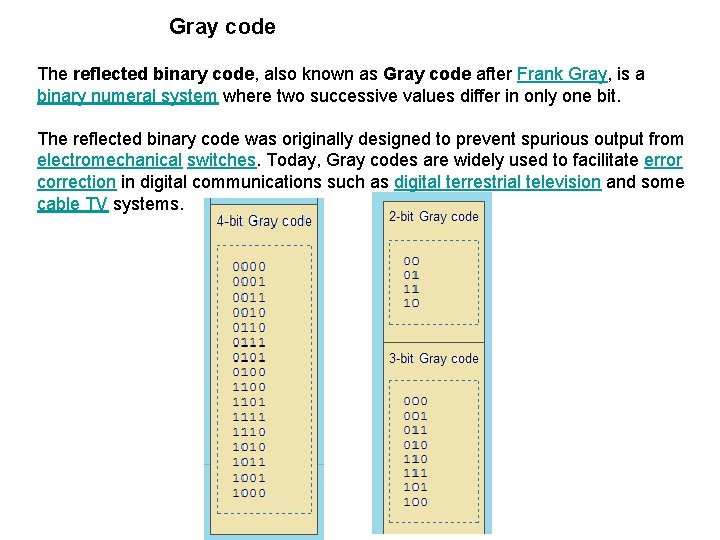 Gray code The reflected binary code, also known as Gray code after Frank Gray,