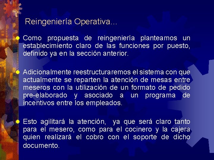 Reingeniería Operativa… ® Como propuesta de reingeniería planteamos un establecimiento claro de las funciones Reingeniería Operativa… ® Como propuesta de reingeniería planteamos un establecimiento claro de las funciones