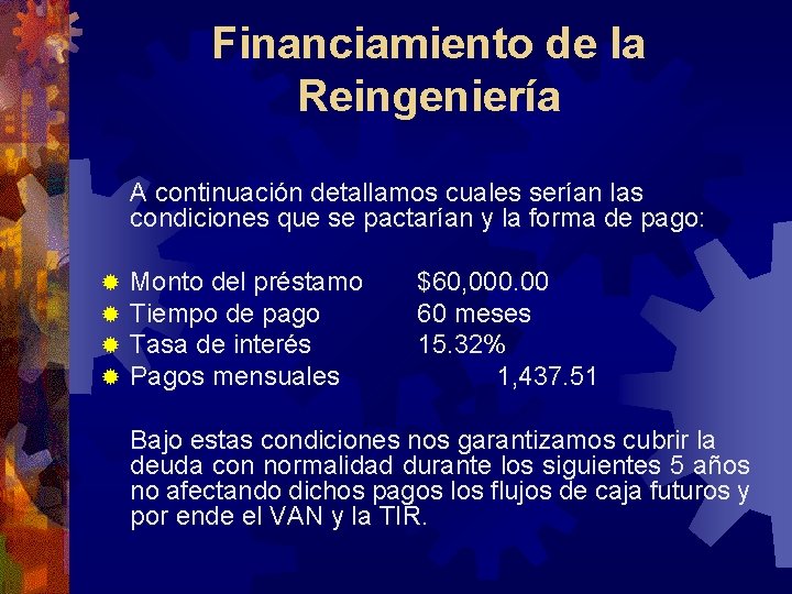 Financiamiento de la Reingeniería A continuación detallamos cuales serían las condiciones que se pactarían Financiamiento de la Reingeniería A continuación detallamos cuales serían las condiciones que se pactarían