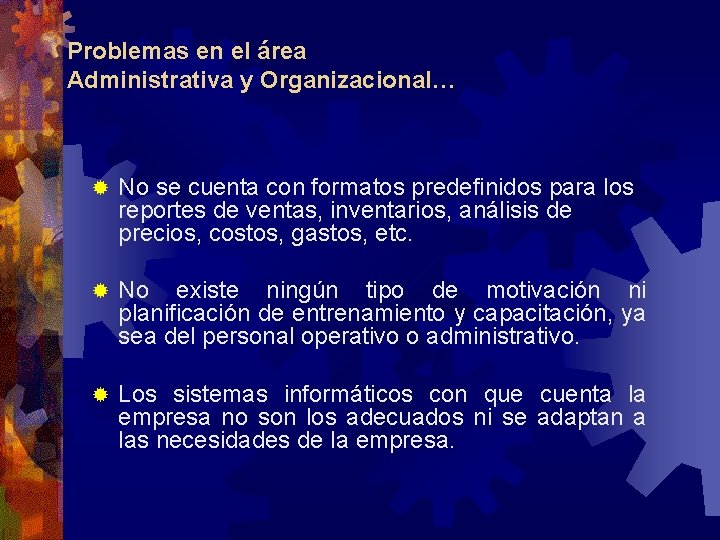 Problemas en el área Administrativa y Organizacional… ® No se cuenta con formatos predefinidos Problemas en el área Administrativa y Organizacional… ® No se cuenta con formatos predefinidos